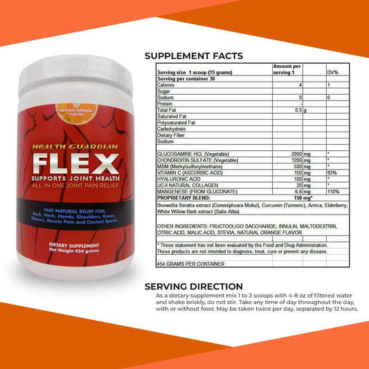 Scoop of Health Guardian Flex Orange powder dispensed into a glass for easy mixing