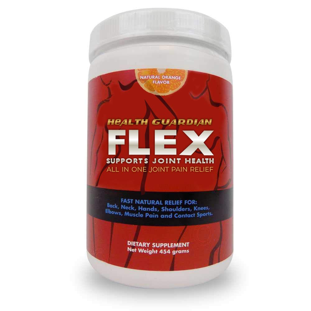 Health Guardian Flex Orange powder tub front showing citrus flavor and daily joint support