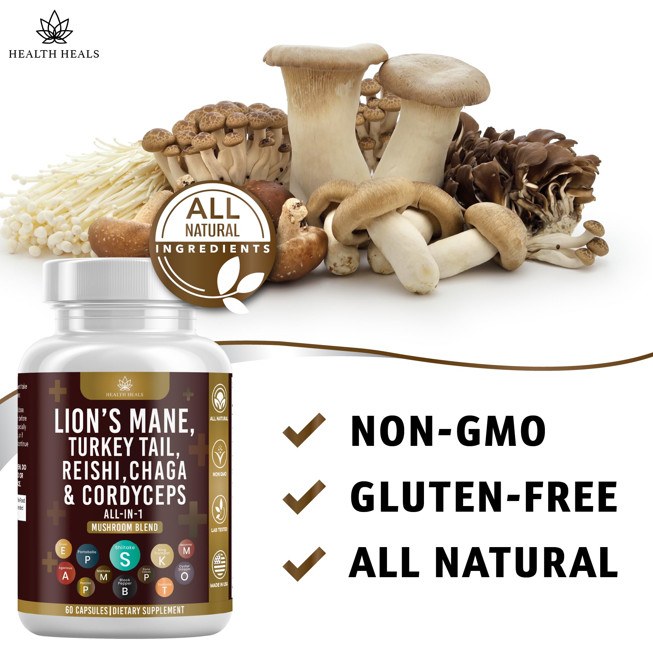 Health Heals 20-in-1 Mushroom Blend bottle captures diverse mushrooms for comprehensive daily support