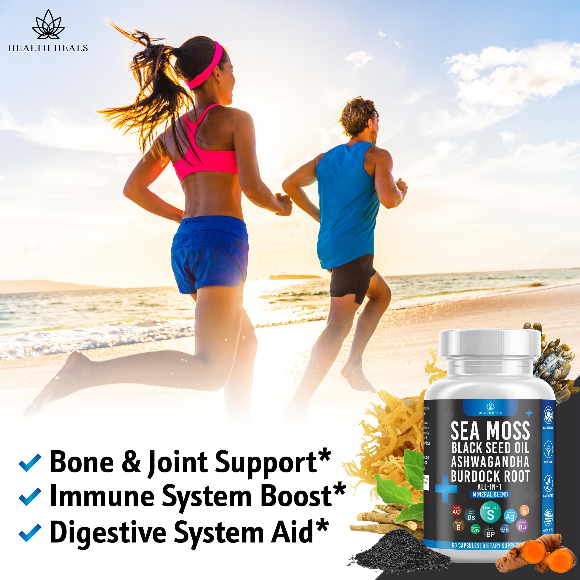 Health Heals ashwagandha-sea-moss ingredients, highlighting mineral-rich adaptogenic possibilities.