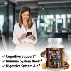 Health Heals Chaga Powder bottle emphasizes antioxidant-rich immune-friendly ritual