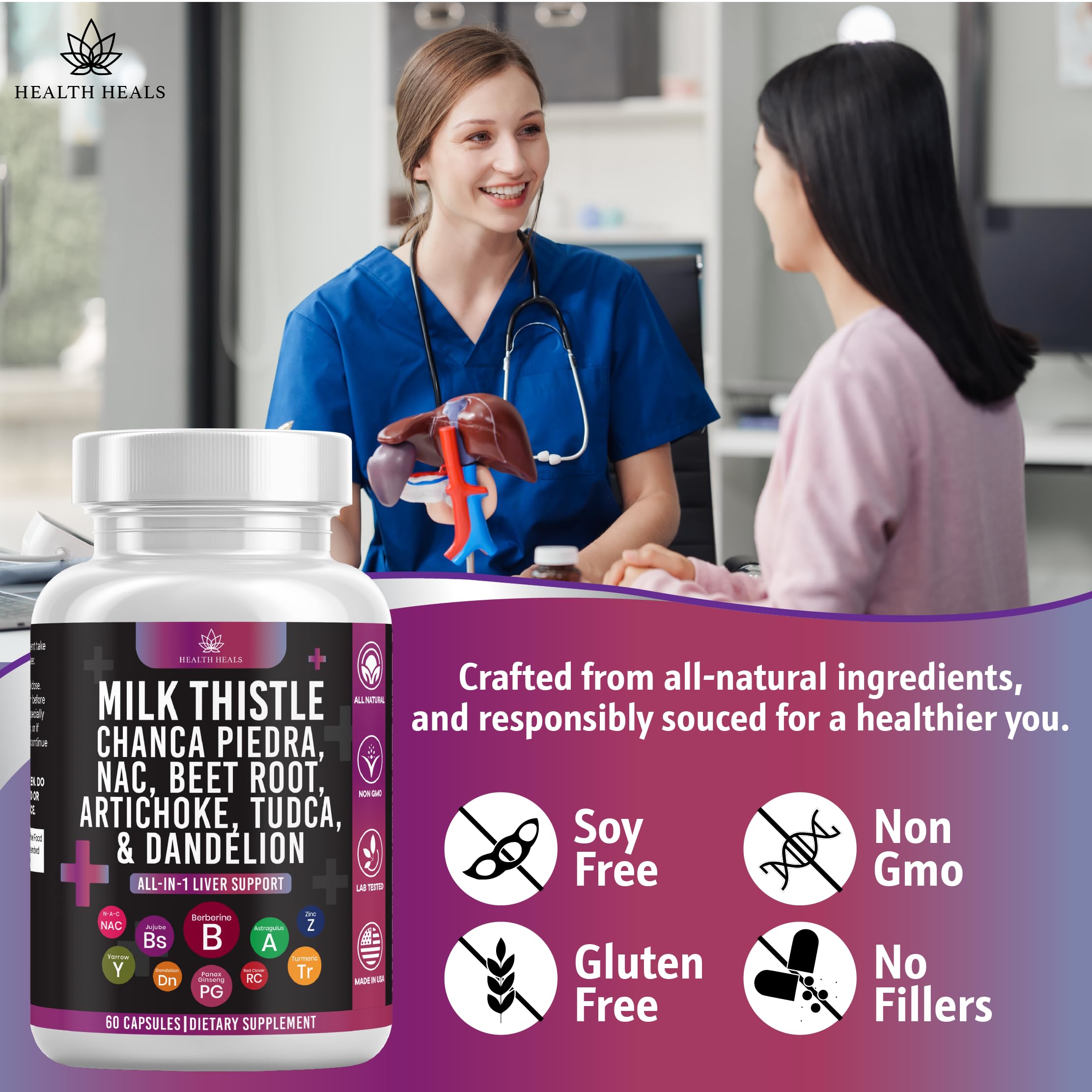 Health Heals Proprietary Liver Blend ingredients closeup showcases multi-ingredient formula.
