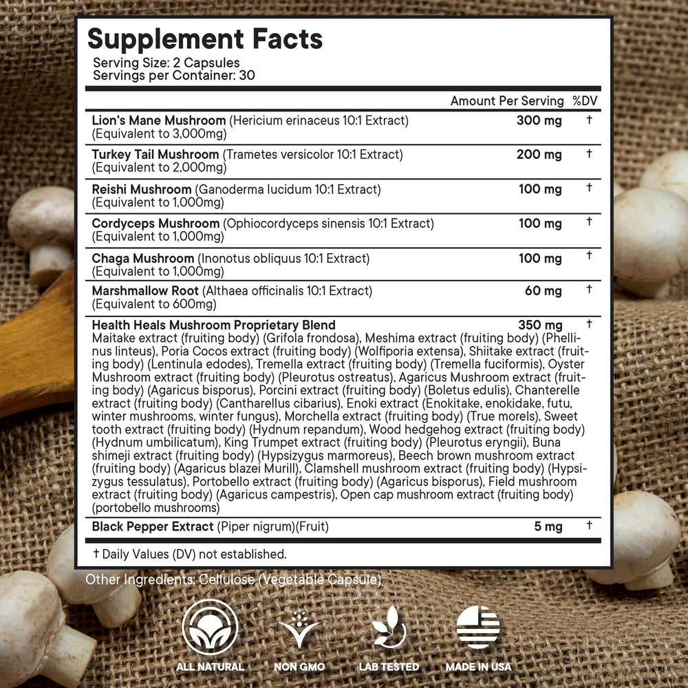 Health Heals Turkey Tail Extract bottle shows broad mushroom benefits for daily vitality