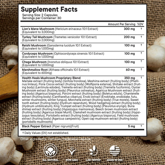 Health Heals Turkey Tail Extract bottle shows broad mushroom benefits for daily vitality