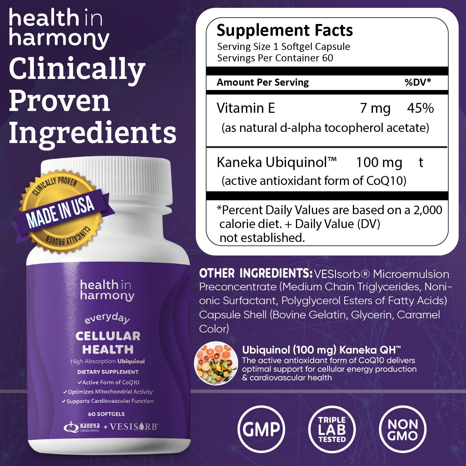 Health in Harmony clean formula label highlights soy-free and artificial-filler-free ingredients.