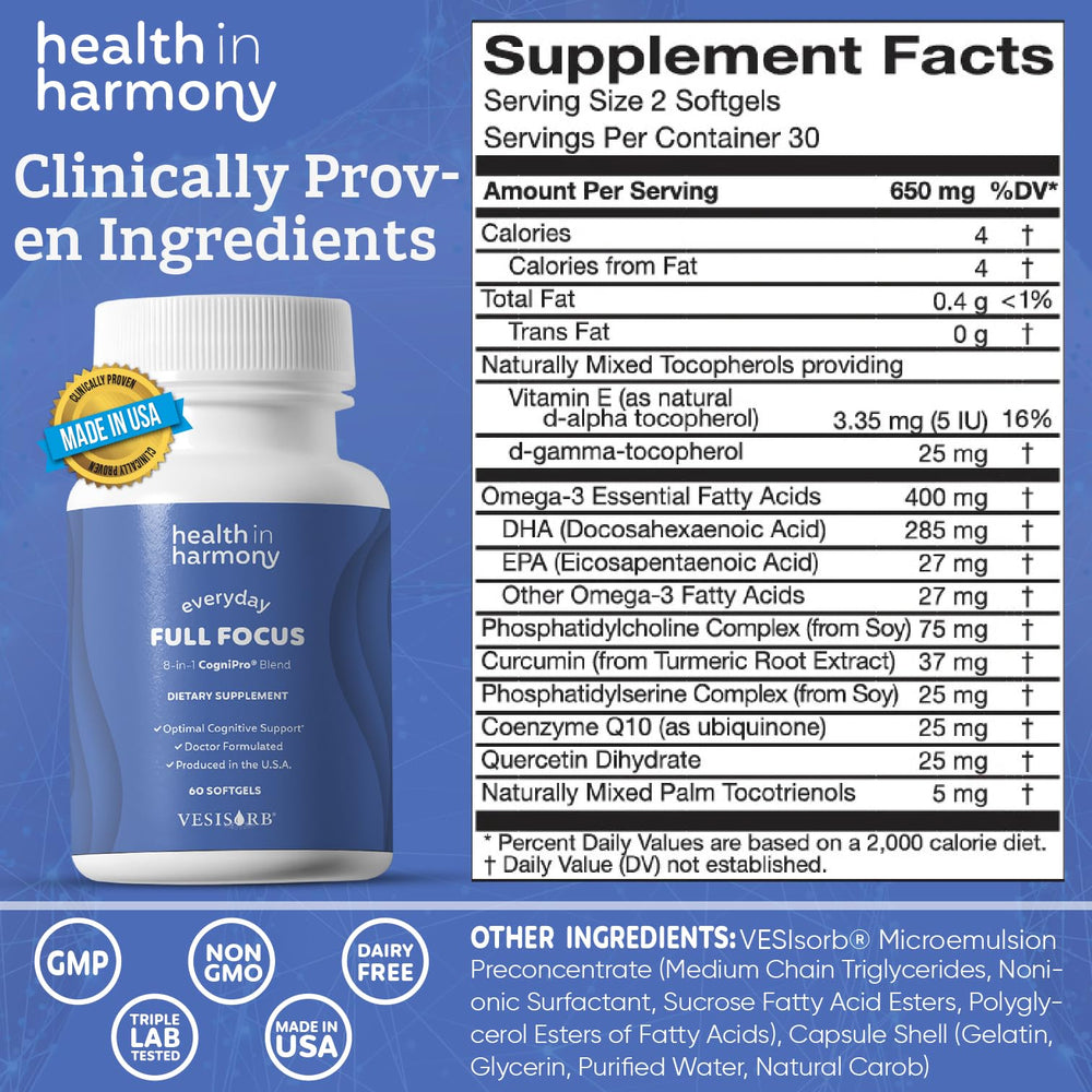 Close-up of HEALTH IN HARMONY Everyday Full Focus softgels for easy swallowing