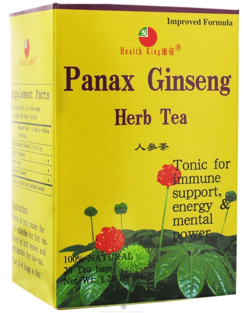 Health King Panax Ginseng Tea teabags in a box, promoting natural energy and focus.
