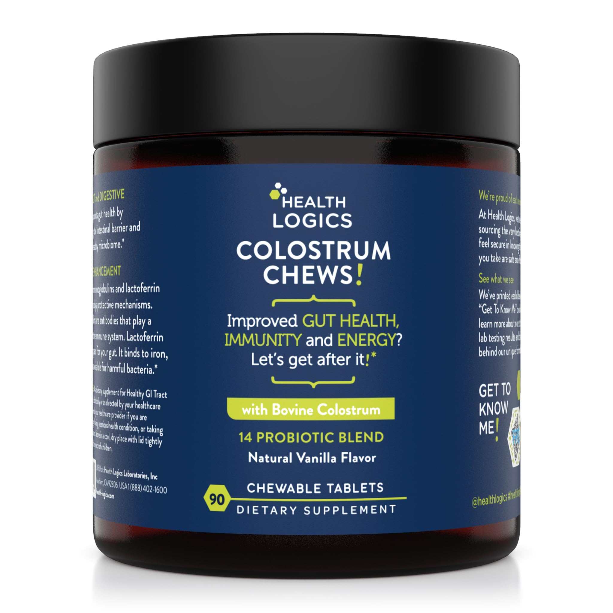 Health Logics Colostrum Chews bottle with vanilla flavor for daily gut-friendly consumption