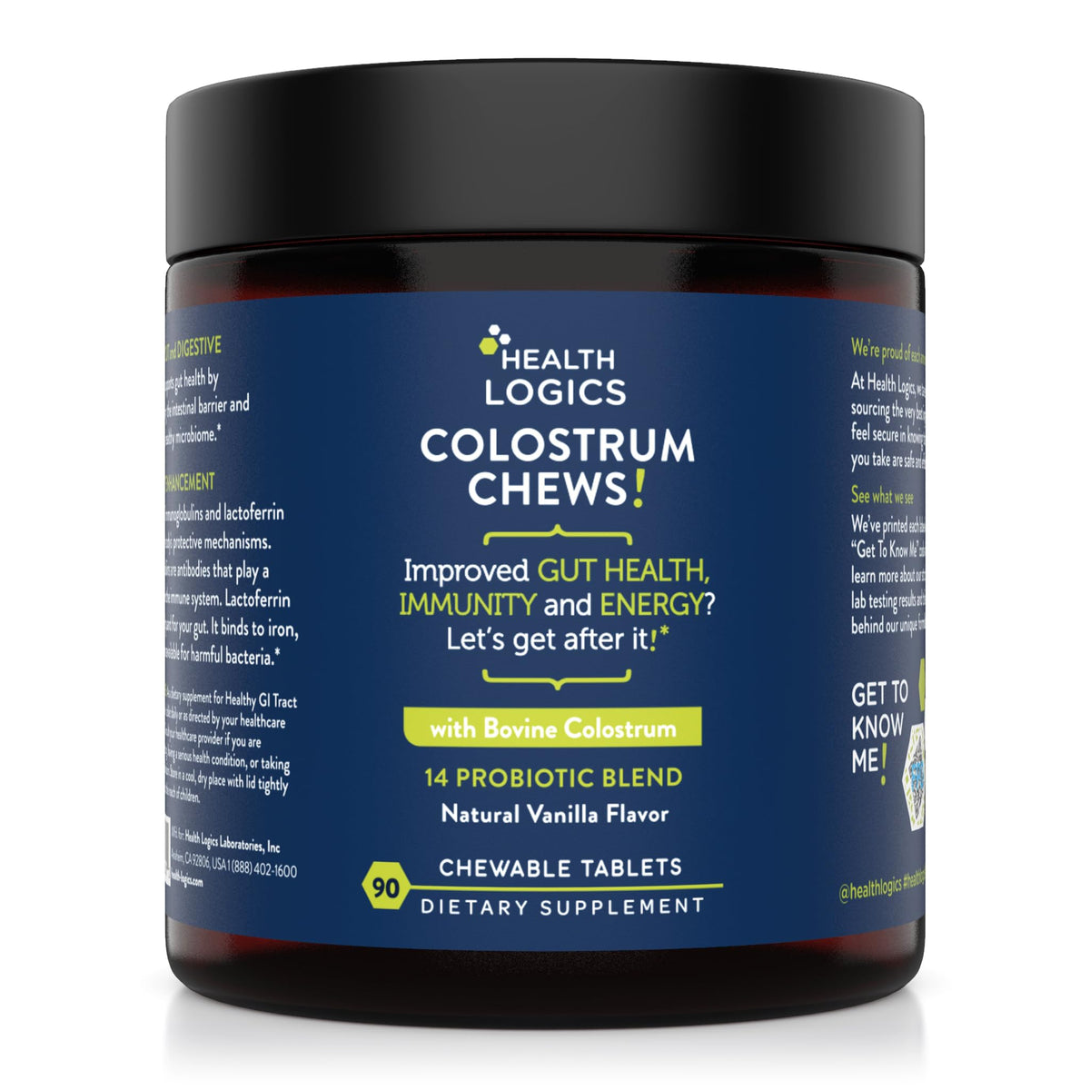 Health Logics Colostrum Chews bottle with vanilla flavor for daily gut-friendly consumption