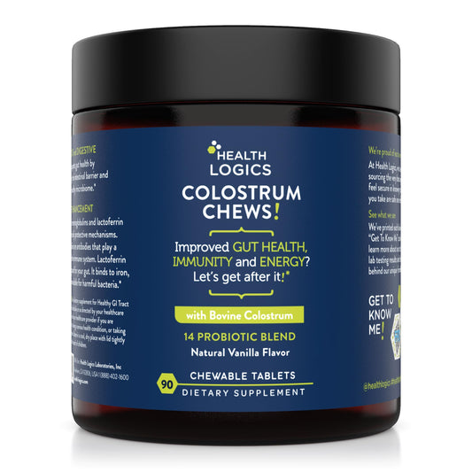 Health Logics Colostrum Chews bottle with vanilla flavor for daily gut-friendly consumption