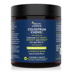 Health Logics Colostrum Chews bottle with vanilla flavor for daily gut-friendly consumption