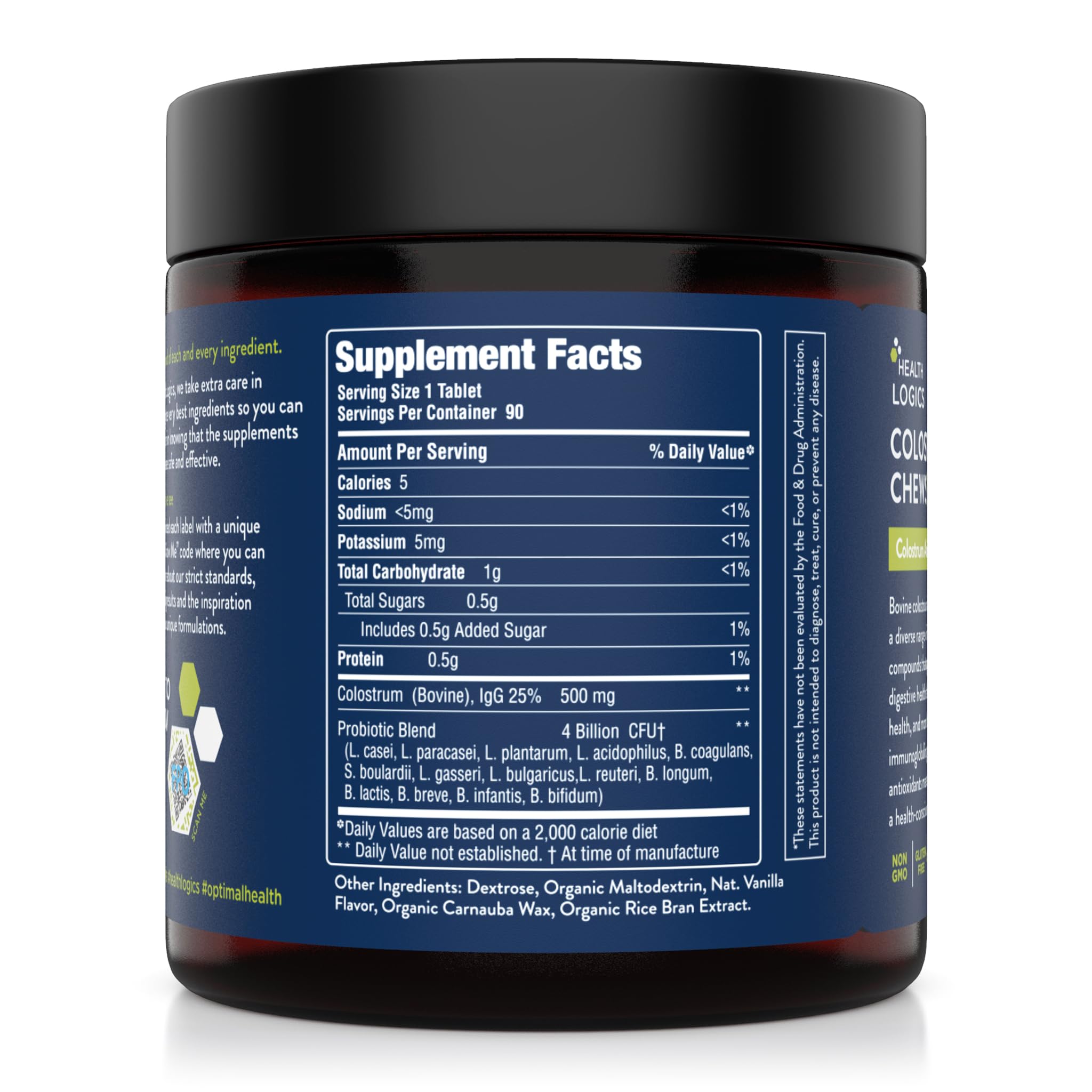 Health Logics Colostrum Chews close-up tablet highlights 14B CFU for immune-support potential