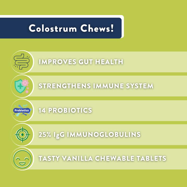 Health Logics Colostrum Chews label highlights probiotics and bioactive ingredients for gut balance