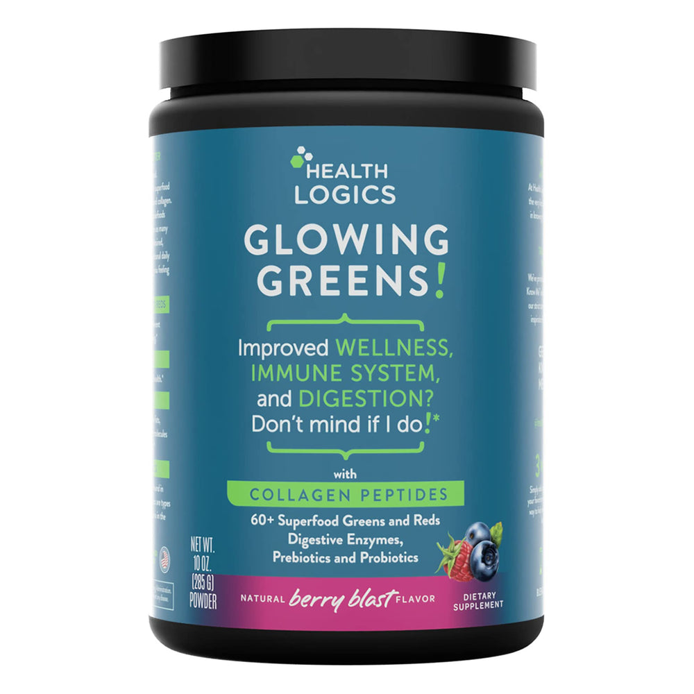 Health Logics Glowing Greens bottle-front view shows collagen and probiotic blend for daily wellness.