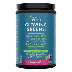 Health Logics Glowing Greens bottle-front view shows collagen and probiotic blend for daily wellness.