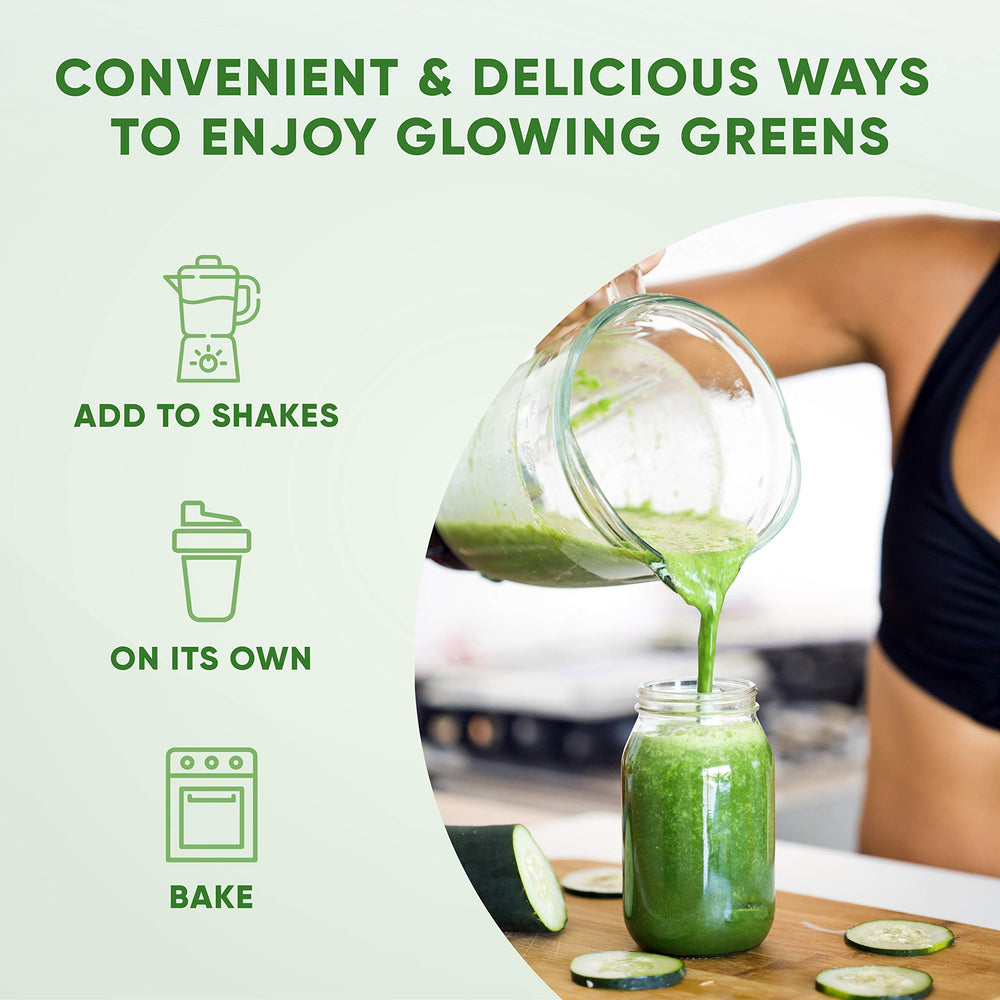 Health Logics Glowing Greens fruits-display emphasizes fresh ingredients and nutrient support.