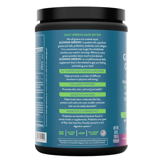 Health Logics Glowing Greens jar-label highlights Berry Blast flavor and no added sugar.