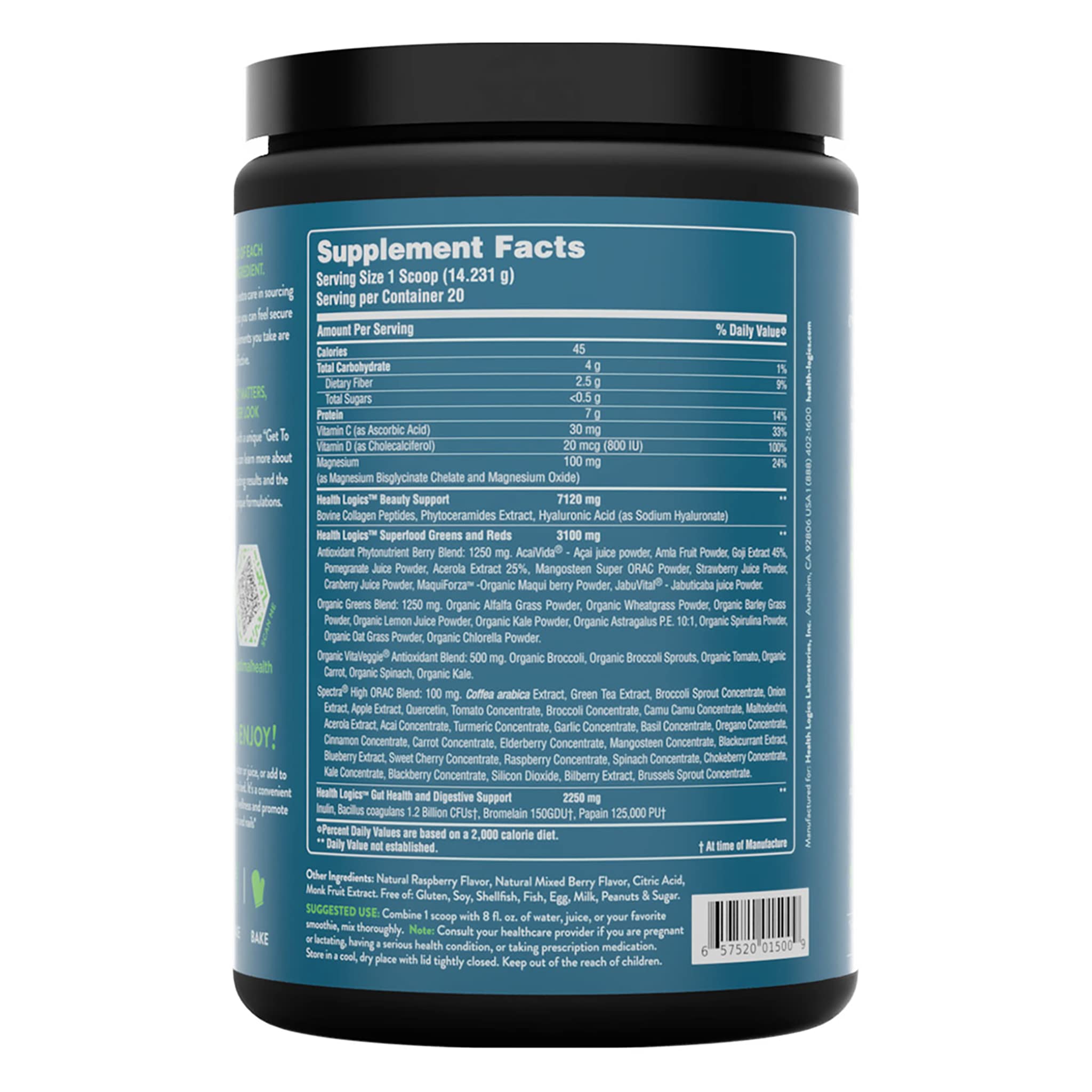 Health Logics Glowing Greens mixed-glass shows antioxidant-rich beverage.