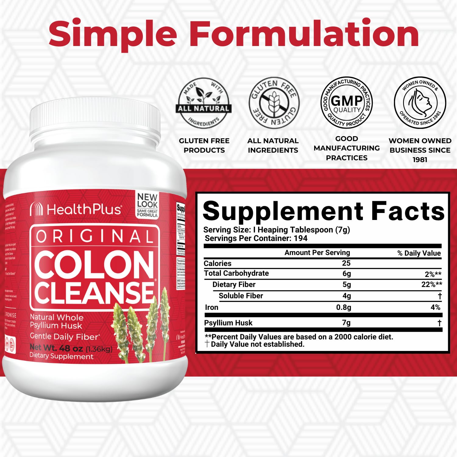 Health Plus Colon Cleanse label close-up highlighting gluten-free, dairy-free, and soy-free formula.