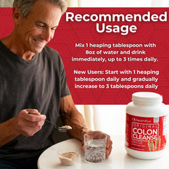 Health Plus Colon Cleanse powder being poured into a glass for easy mixing.