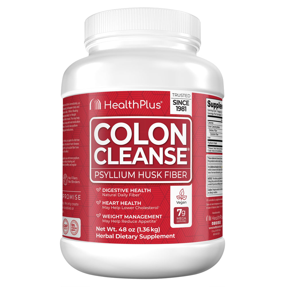 Health Plus Colon Cleanse tub front view showing daily fiber support.