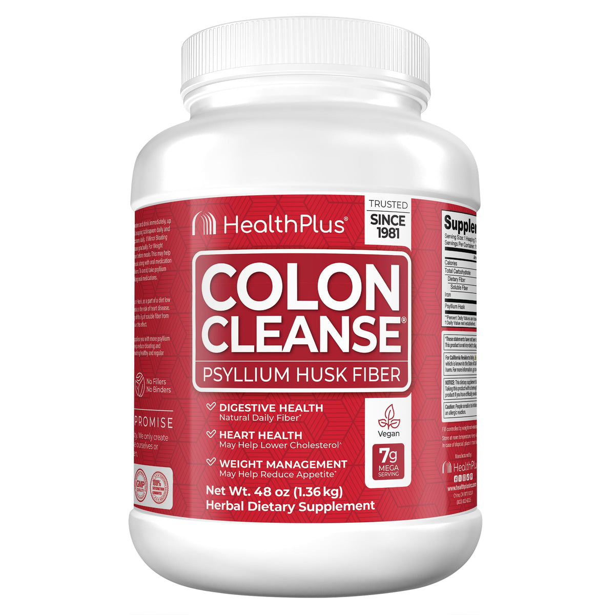 Health Plus Colon Cleanse tub front view showing daily fiber support.