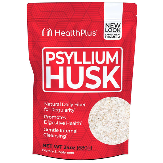 Health Plus psyllium husk 24oz bottle highlights daily fiber for regularity.