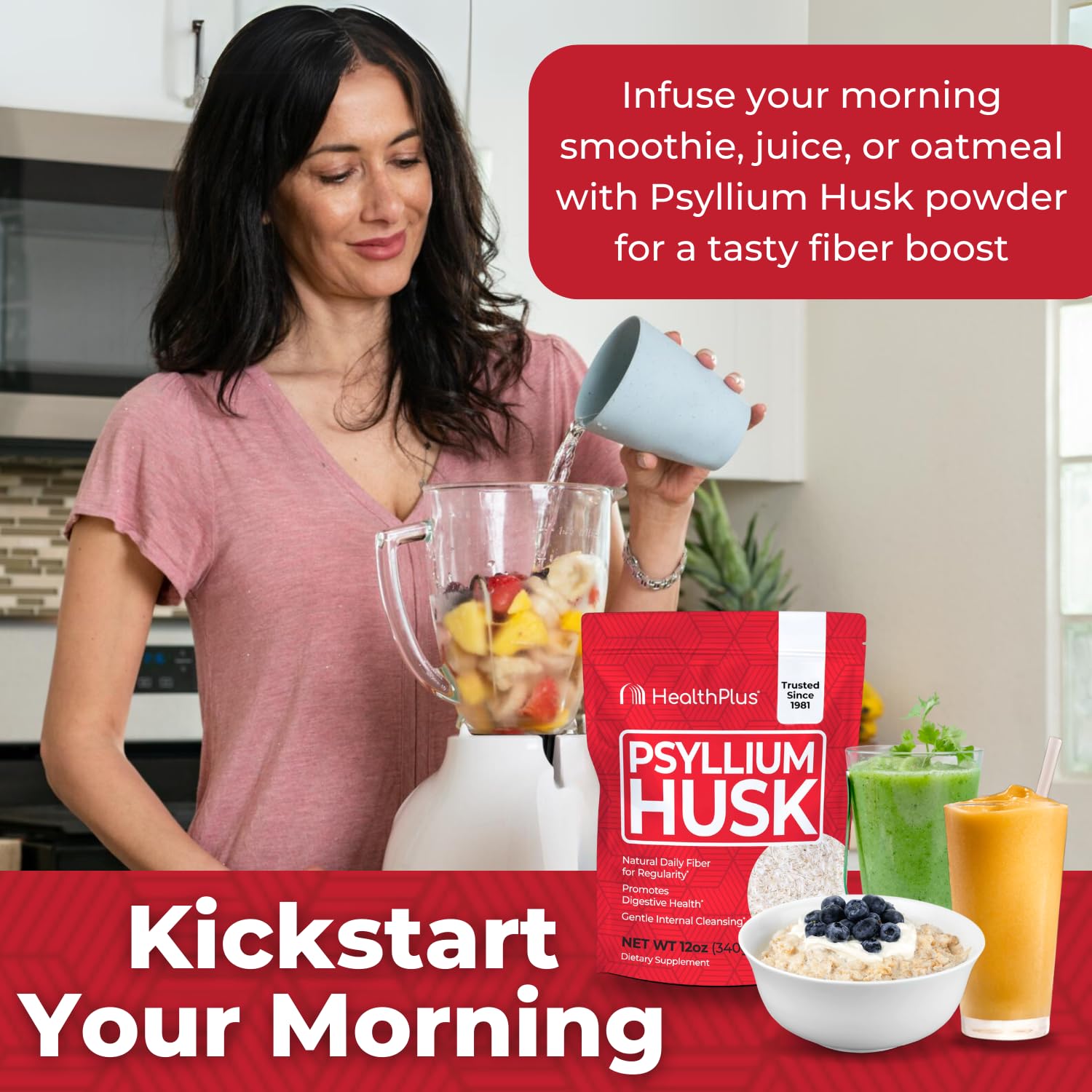 Health Plus psyllium husk 24oz dietary-fiber pack highlights healthy fiber source.