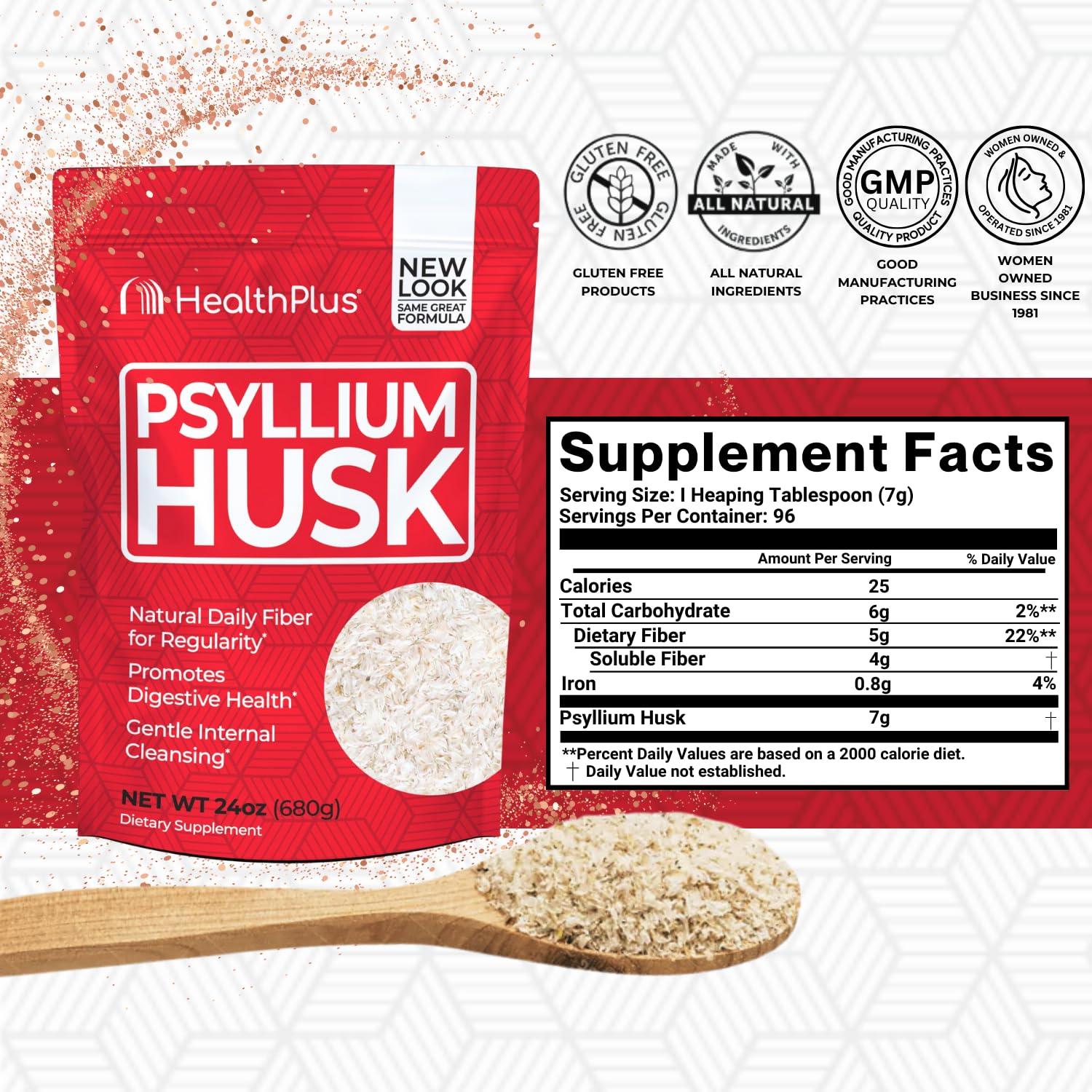 Health Plus psyllium husk 24oz label close-up shows natural detox and digestive support.