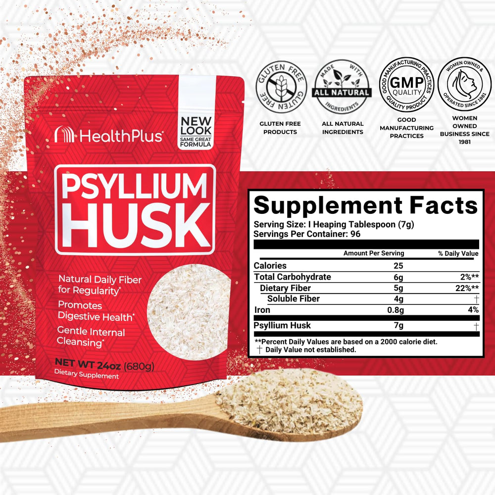 Health Plus psyllium husk 24oz label close-up shows natural detox and digestive support.