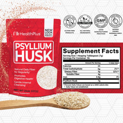 Health Plus psyllium husk 24oz label close-up shows natural detox and digestive support.