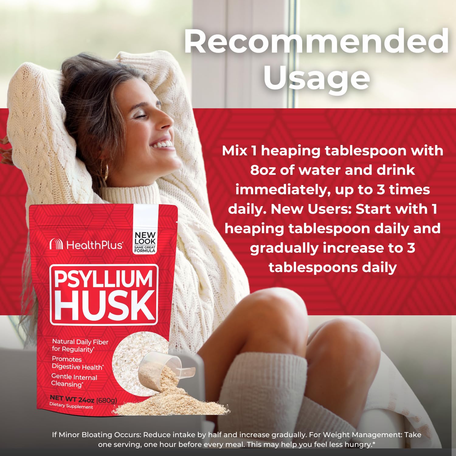 Health Plus psyllium husk 24oz powder close-up suggests high fiber with gentle cleansing.