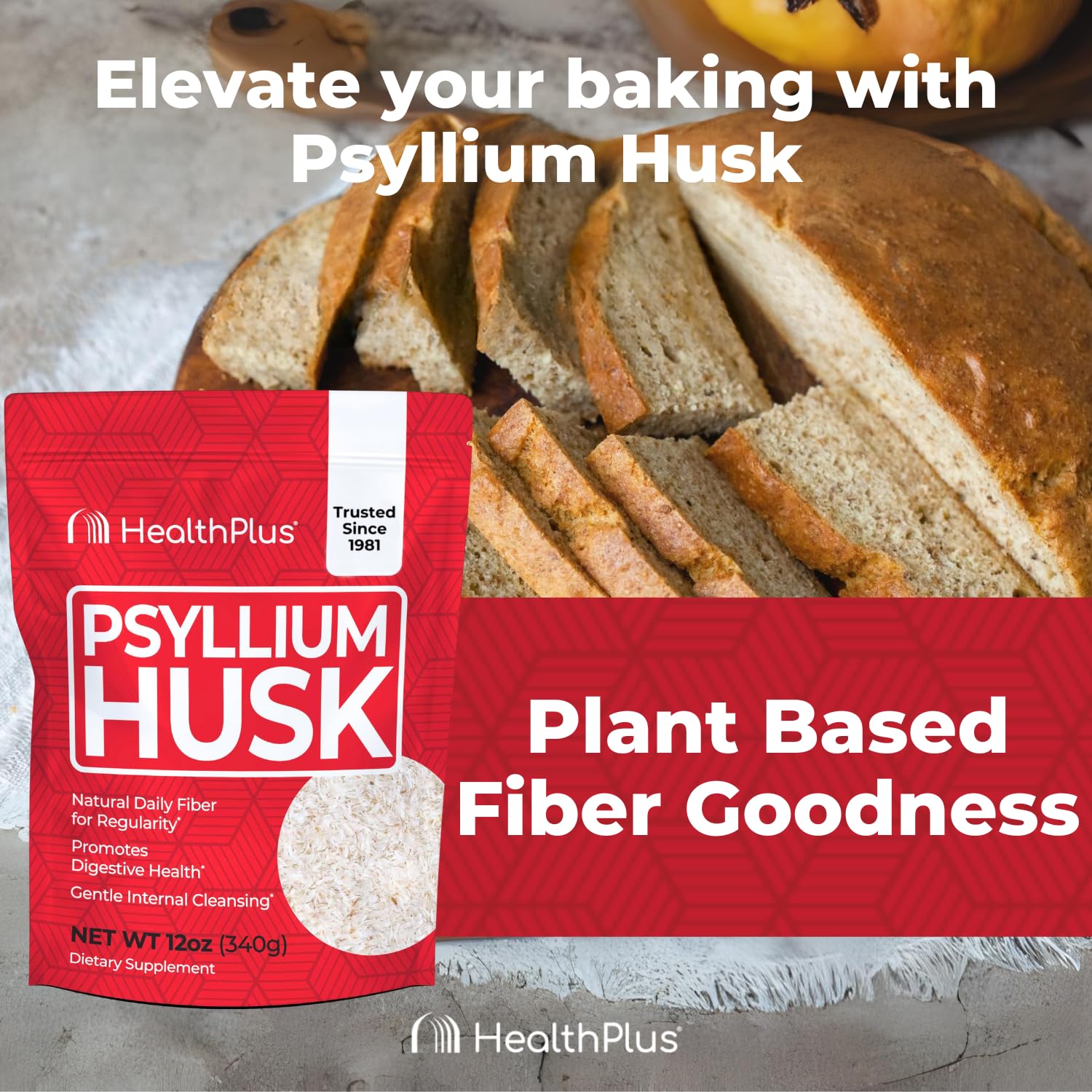 Health Plus psyllium husk 24oz regularity-support image promotes gentle relief.