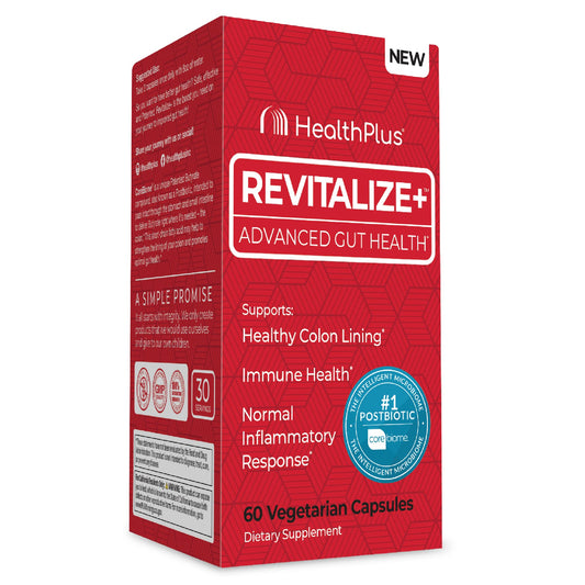 Health Plus Revitalize+ CoreBiome bottle for gut health and capsules