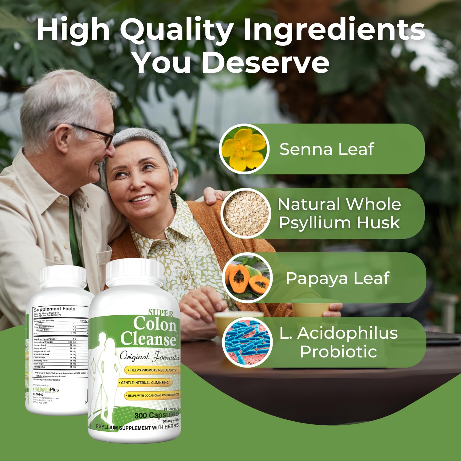 Health Plus Super Colon Cleanse bottle with label details for gut health.
