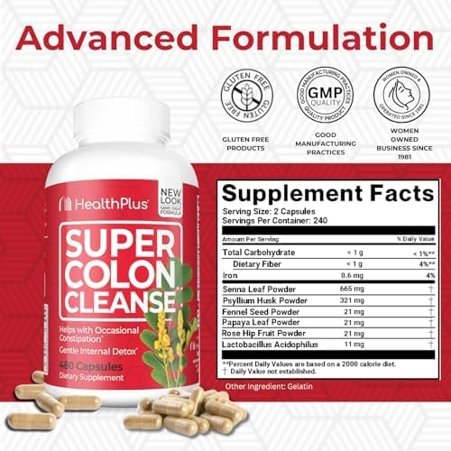 Health Plus Super Colon Cleanse capsules close-up suggesting daily constipation relief potential.