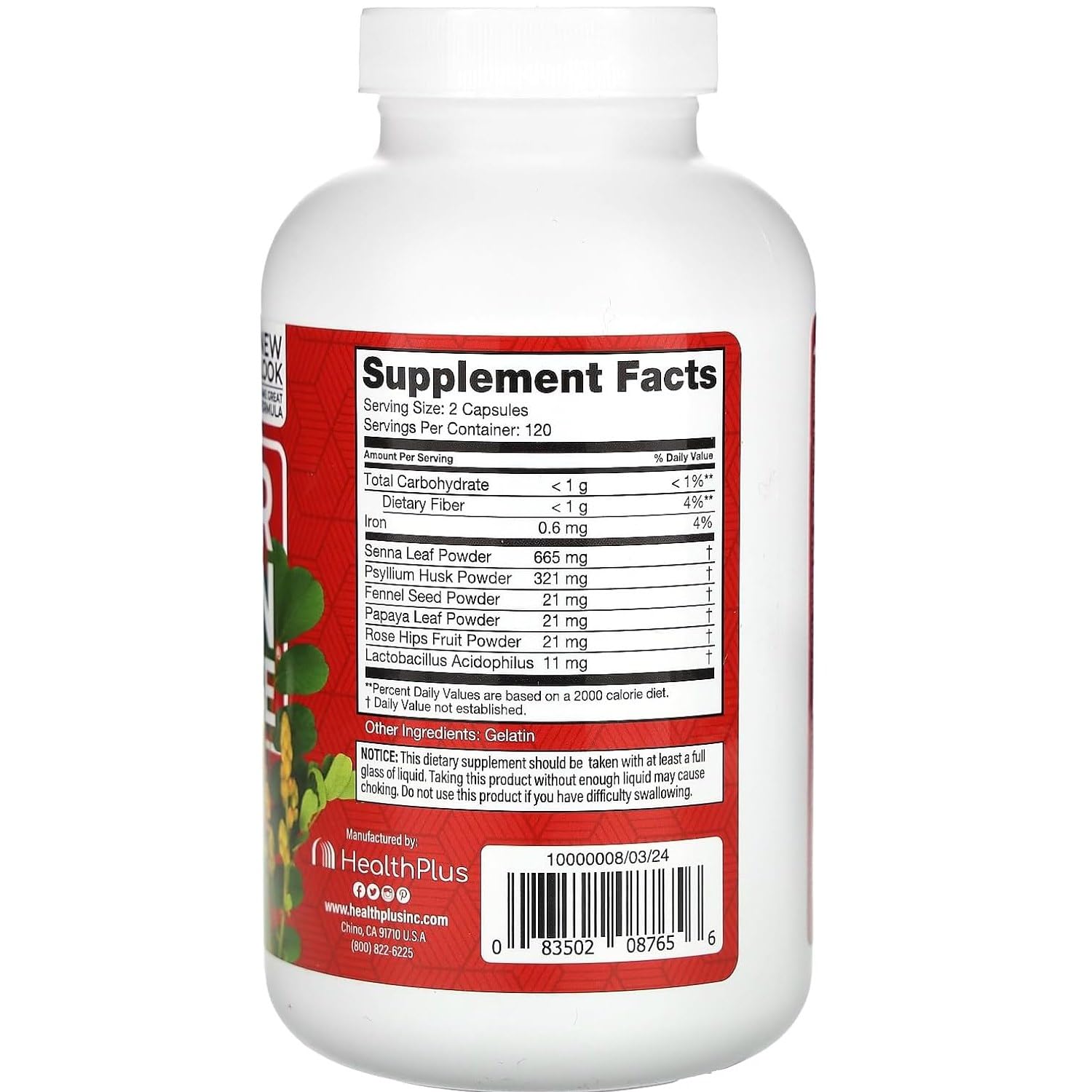 Health Plus Super Colon Cleanse capsules pour showing easy daily dosing.
