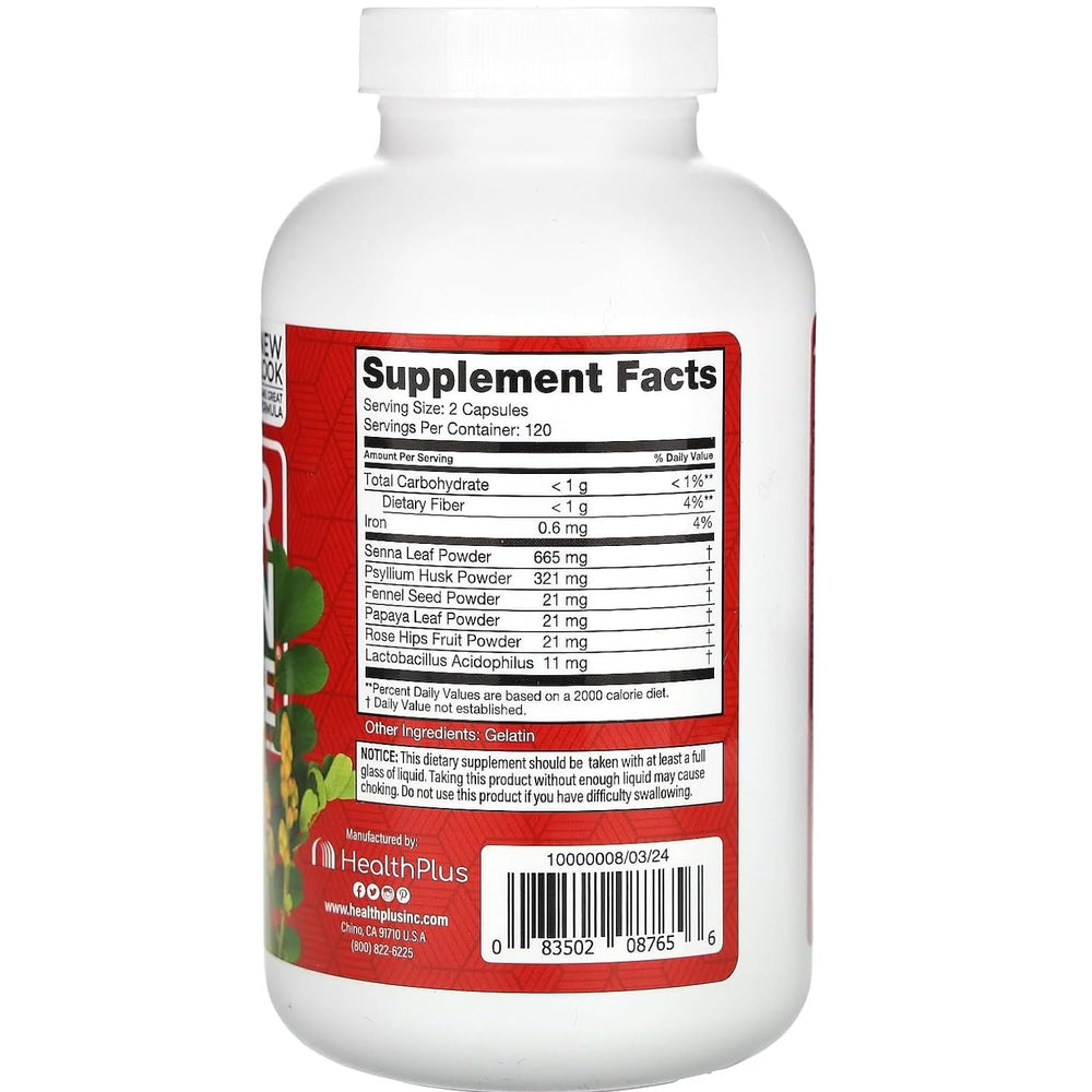 Health Plus Super Colon Cleanse capsules pour showing easy daily dosing.