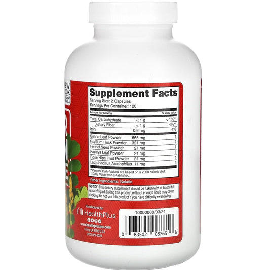 Health Plus Super Colon Cleanse capsules pour showing easy daily dosing.