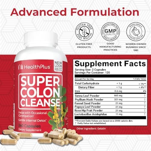 Close-up of Health Plus Super Colon Cleanse capsules for occasional relief