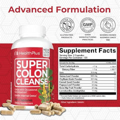 Close-up of Health Plus Super Colon Cleanse capsules for occasional relief
