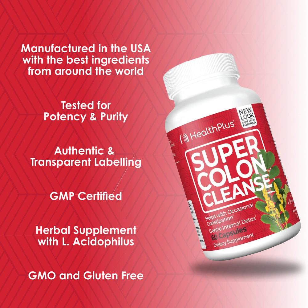 Health Plus Super Colon Cleanse label showing allergen-free claims.