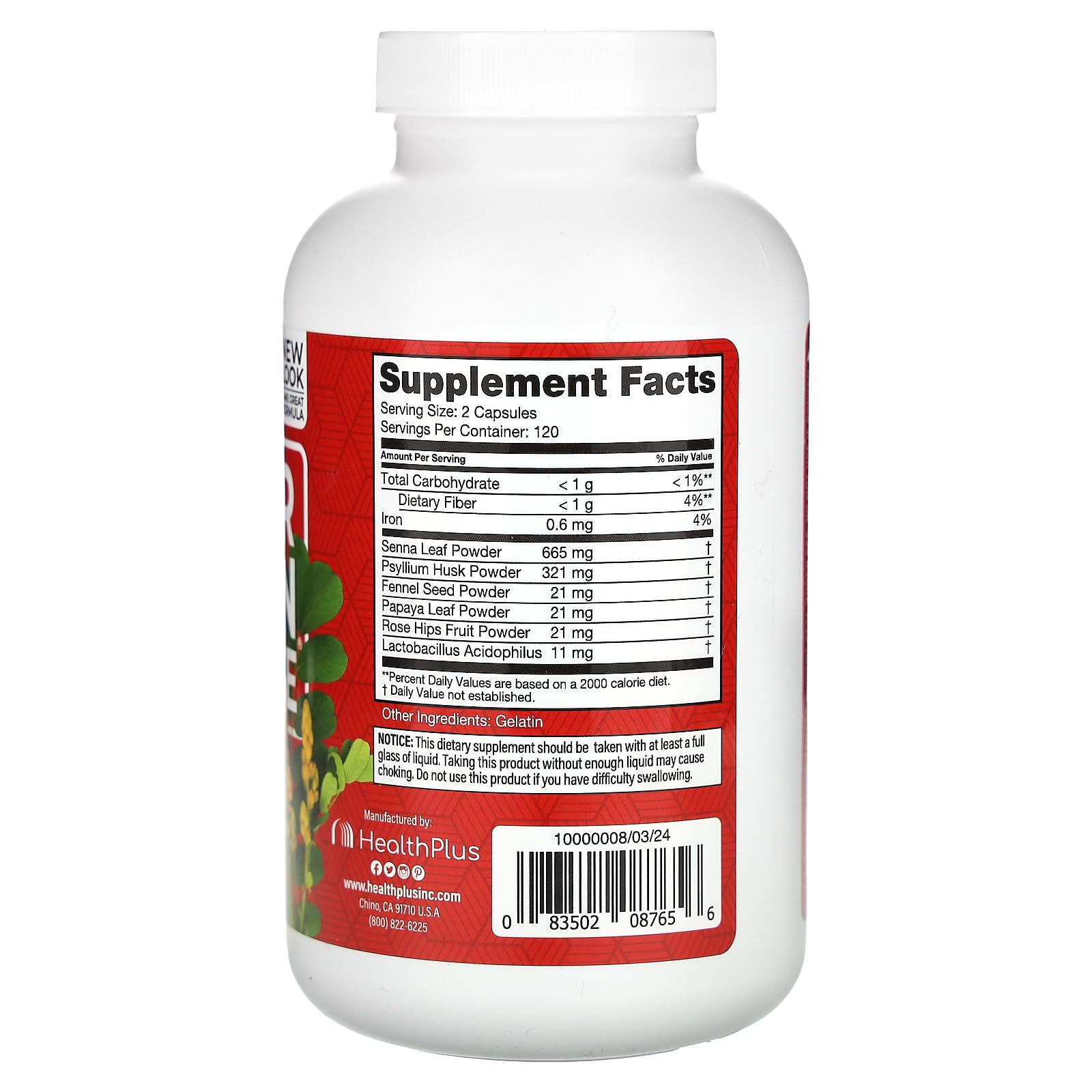 Health Plus Super Colon Cleanse label close-up showing ingredients for digestive support.