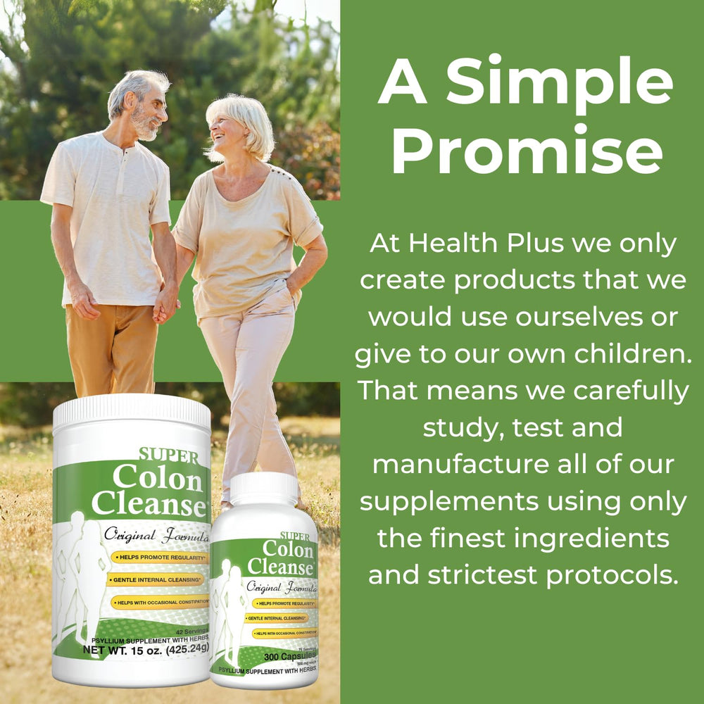 Health Plus Super Colon Cleanse with glass of water for wellness routine.
