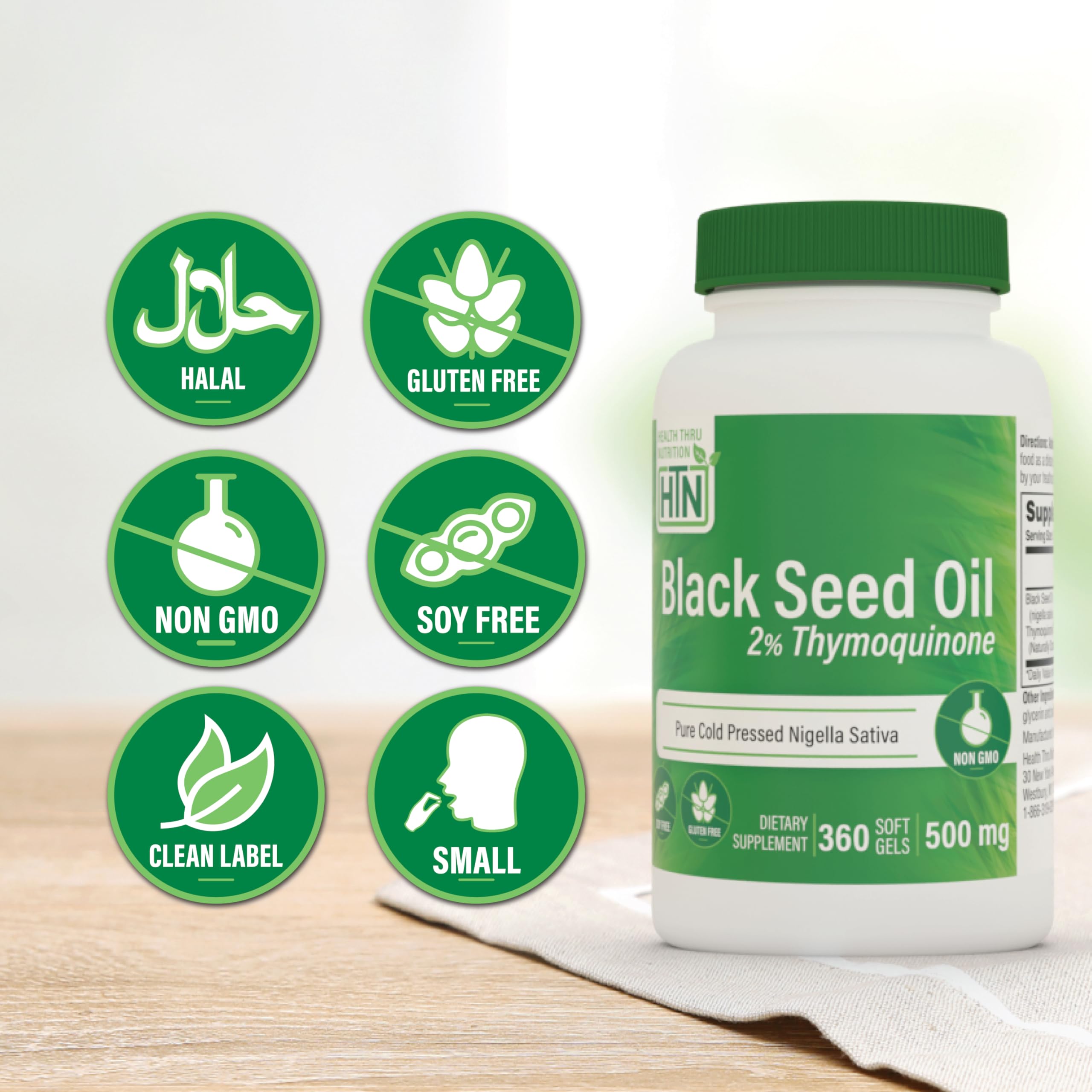 Health Thru Nutrition bottle shows 2% thymoquinone potency