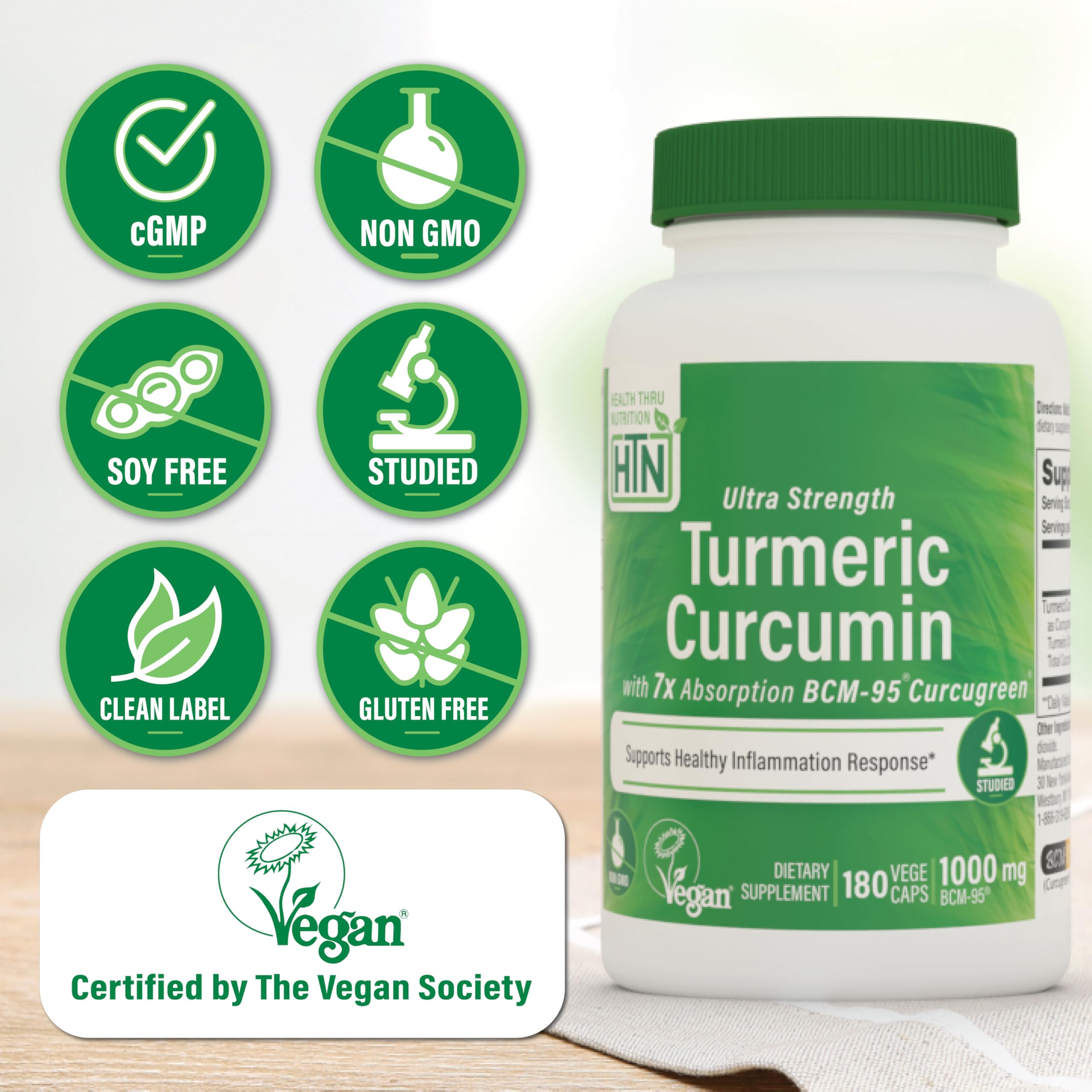 Health Thru Nutrition BCM-95 Curcugreen formula label with clinical study backdrop.
