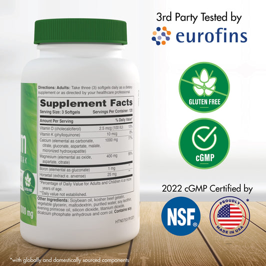 Health Thru Nutrition calcium-magnesium softgels bottle with D3 and K for bone-friendly support.