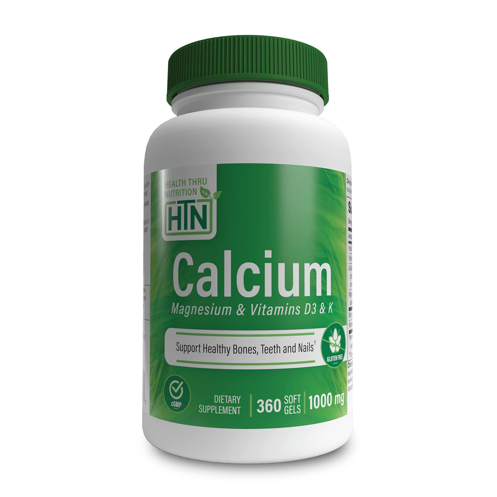 Health Thru Nutrition calcium magnesium softgels bottle for daily bone support.