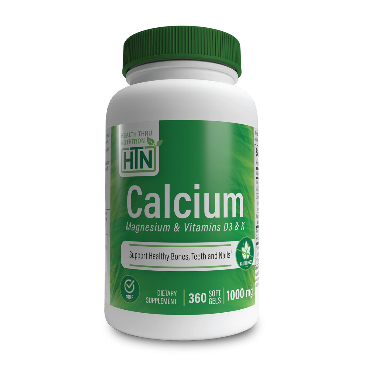 Health Thru Nutrition calcium magnesium softgels bottle for daily bone support.