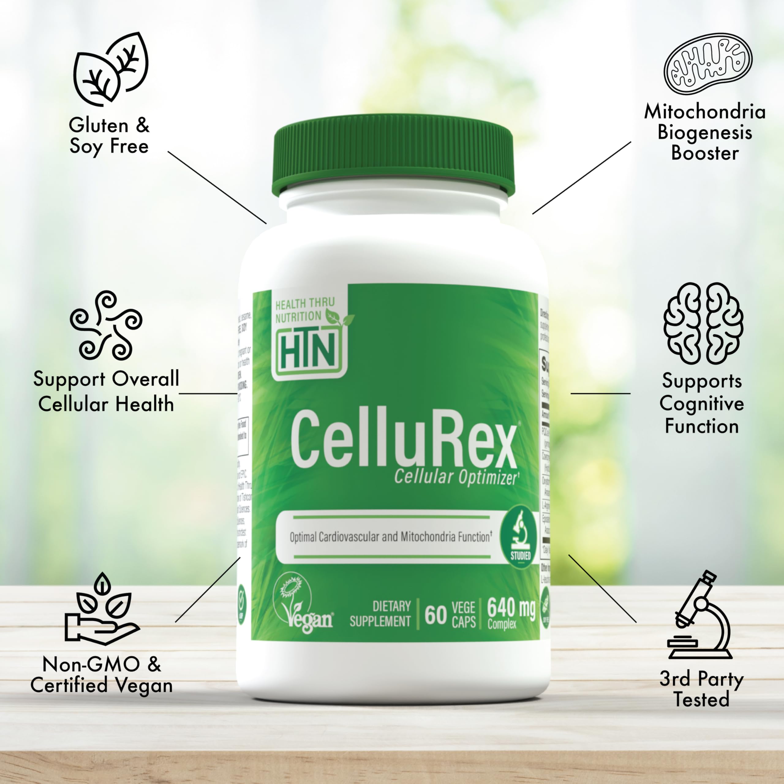 Health Thru Nutrition Cellurex 60-pack packaging displayed for daily supplementation.